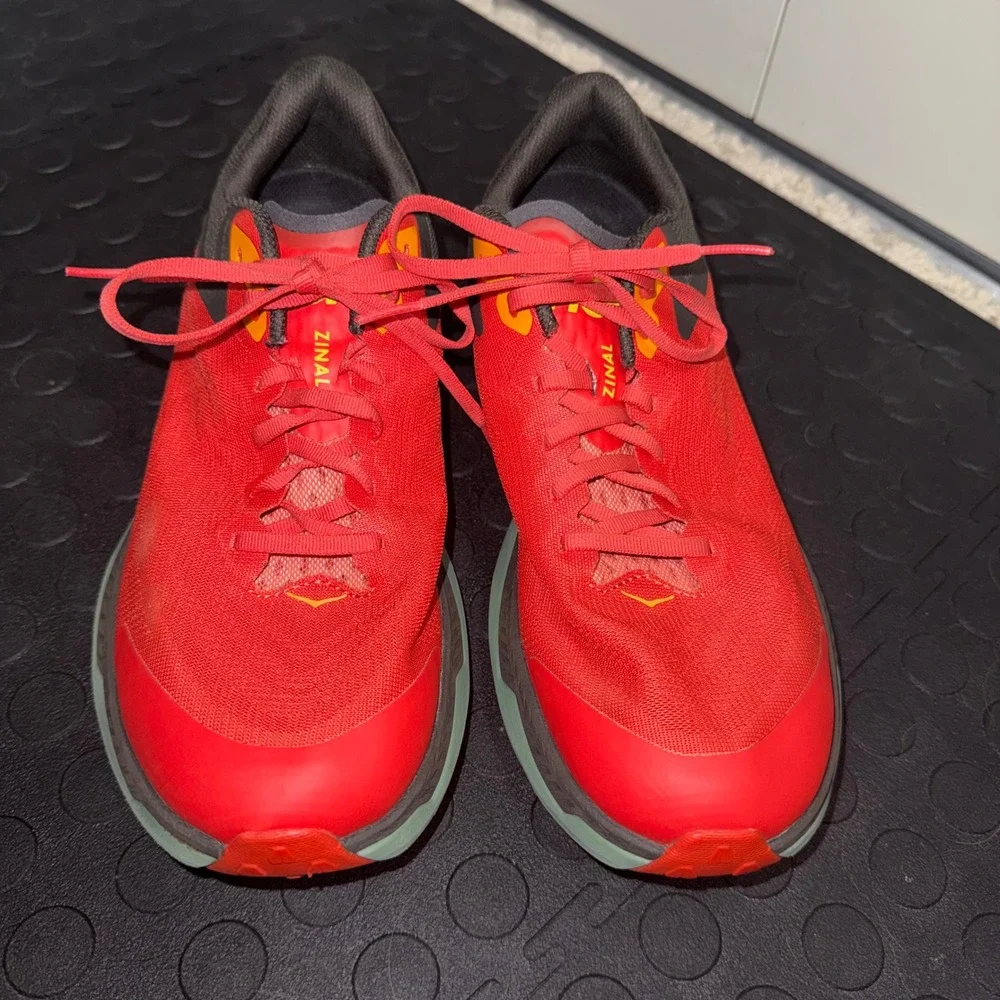 Hoka Zinal Mens 10.5D Vibram Megagrip Trail Running Shoes Red Orange Sneakers